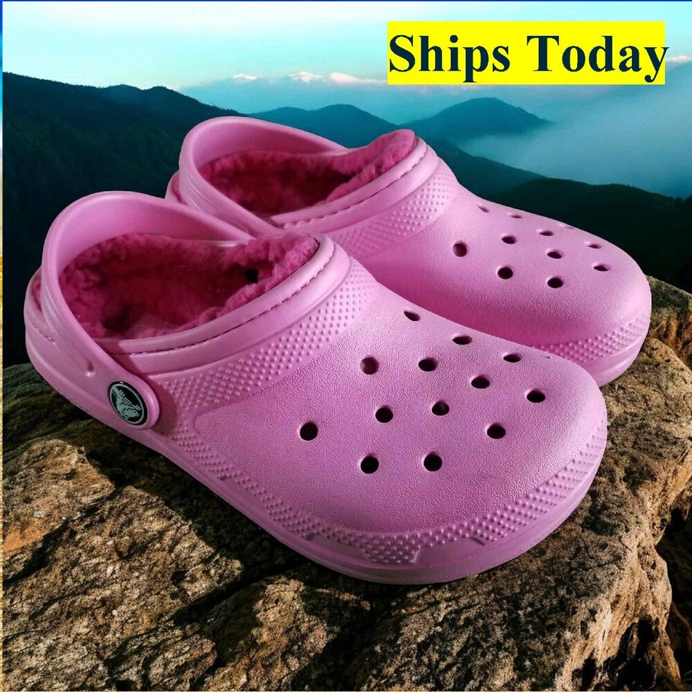 Crocs Classic Youth Size 13 Pink Faux Fur Lined Comfort Shoes 12437